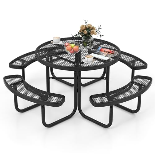 COSTWAY Sitzgarnitur für 8 Personen, Picknicktisch mit Schirmloch & 4 Bänken, runder Gartentisch aus beschichtetem Metall, Gartengarnitur, Gartenmöbel, Sitzgruppe für Garten, Terrasse, Schwarz COSTWAY Sitzgarnitur für 8 Personen, Picknicktisch mit Schirmloch & 4 Bänken, runder Gartentisch aus beschichtetem Metall, Gartengarnitur, Gartenmöbel, Sitzgruppe für Garten, Terrasse, Schwarz von COSTWAY