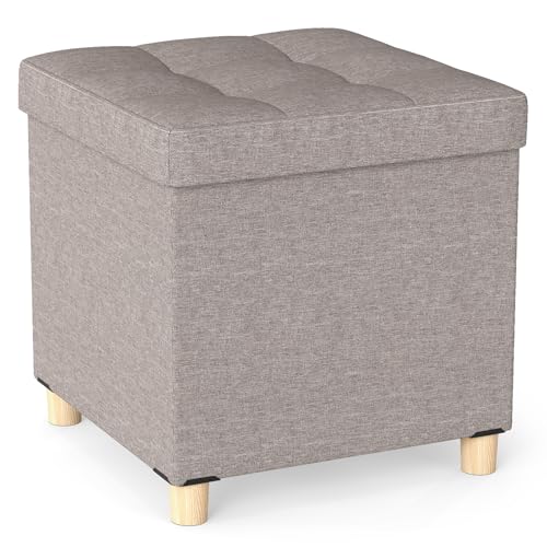 COSTWAY Sitzhocker mit Stauraum, Fußhocker aus Leinenstoff mit gepolstertem Deckel & Gummibaumholzbeinen, Aufbewahrungsbox für Wohnzimmer, Schlafzimmer & Flur 45 x 45 x 45 cm (grau) von COSTWAY
