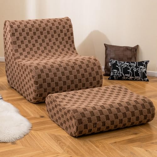 COSTWAY Sitzsack Sessel mit Hocker, Sitzsack Erwachsene mit hoch elastischem Schwamm & Teddy-Samtbezug, Bean Bag Chair, Bodenstuhl Boden Sessel für Wohnzimmer, Schlafzimmer, Lesezimmer (Braun) von COSTWAY