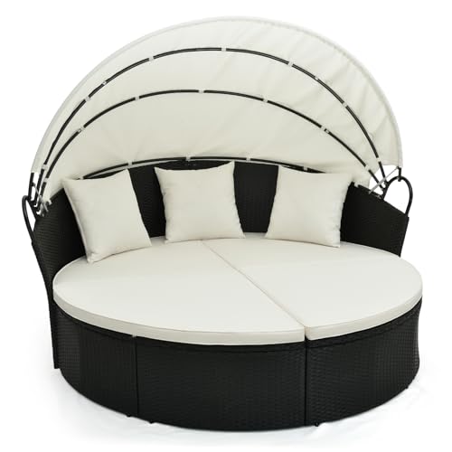 COSTWAY Sonneninsel Rattan mit Dach, Sonnenliege für 2 Personen, Gartenliege mit Sitz- und Rückenkissen, Lounge Möbel Outdoor, Liegeinsel für Garten, Terrasse von COSTWAY