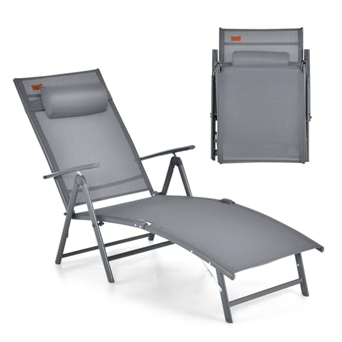 COSTWAY Sonnenliege klappbar, Gartenliege mit Kopfstütze, Armlehnen und 7 verstellbaren Rückenlehnen, Klappliege bis 150 kg belastbar, tragbarer Liegestuhl für Garten, Terrasse, Balkon, Grau von COSTWAY
