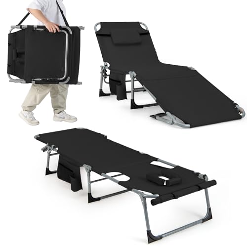 COSTWAY Sonnenliege mit Loch für Kopf und Arme, Faltbare Gartenliege mit Verstellbarer Rückenlehne und Fußteil, abnehmbarem Kissen, Seitentasche, Liegestuhl für Strand, Garten, Balkon (Schwarz) von COSTWAY
