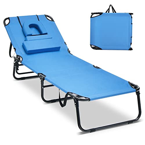 COSTWAY Sonnenliege mit Gesichtsöffnung, klappbare Gartenliege mit 3 abnehmbaren Kissen und 5-Fach Verstellbarer Rückenlehne, Strandliege Liegestuhl für Garten und Poolbereich (Blau) von COSTWAY