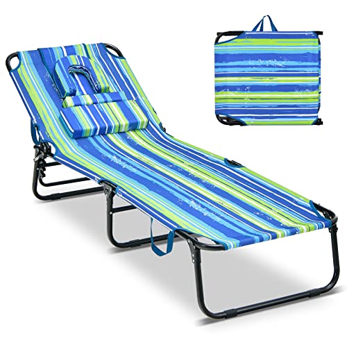 COSTWAY Sonnenliege mit Gesichtsöffnung, klappbare Gartenliege mit 3 abnehmbaren Kissen und 5-Fach Verstellbarer Rückenlehne, Strandliege Liegestuhl für Garten und Poolbereich (Blau-grün) von COSTWAY