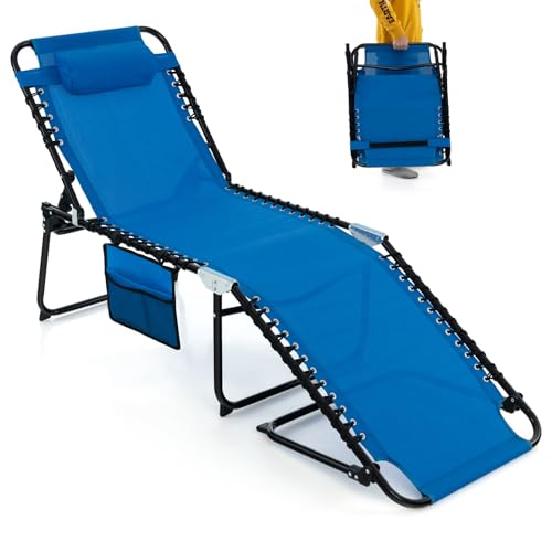 COSTWAY Sonnenliege mit Kopfstütze und Seitentasche, klappbare Gartenliege mit Verstellbarer Rückenlehne, Strandliege bis 150 kg belastbar, Liegestuhl für Garten, Pool (Marineblau) von COSTWAY