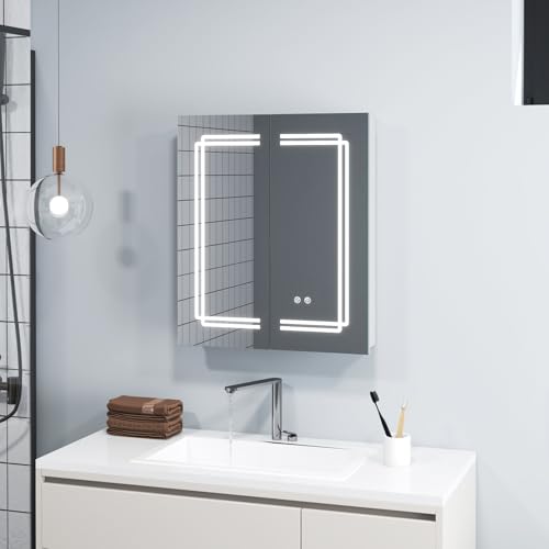 COSTWAY Spiegelschrank Bad mit Beleuchtung, LED Badezimmerschrank mit Spiegel & Doppeltüren, Hängeschrank dimmbar, Anti-Beschlag Wandschrank mit 2 Steckdosen & verstellbaren Regalen, 60 x 70 x 13cm von COSTWAY
