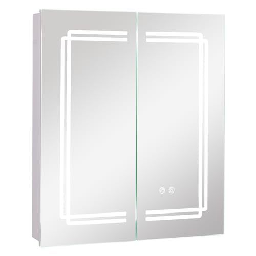 COSTWAY Spiegelschrank Bad mit Beleuchtung, LED Badezimmerschrank mit Spiegel & Doppeltüren, Hängeschrank dimmbar, Anti-Beschlag Wandschrank mit 2 Steckdosen & verstellbaren Regalen, 60 x 70 x 13cm von COSTWAY