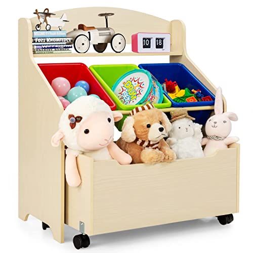 COSTWAY Spielzeugregal mit rollbarem Fach, 3 kleinen Aufbewahrungsboxen und Ablage, Spielzeugschrank, Kinderregal, Spielzeug Organizer ideal für Kinderzimmer und Kindergarten (Natur) von COSTWAY