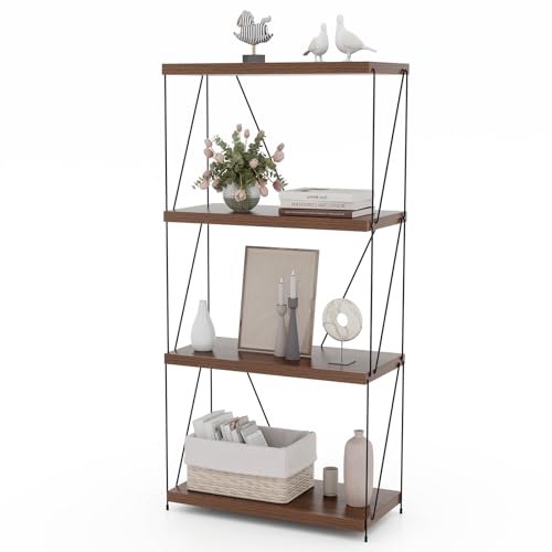 COSTWAY Standregal freistehend, Bücherregal mit Metallrahmen, industrielles Aufbewahrungsregal, Lagerregal Walnuss für Schlafzimmer, Wohnzimmer, Heimbüro (4 Ebenen, 61 x 29,5 x 105 cm) von COSTWAY