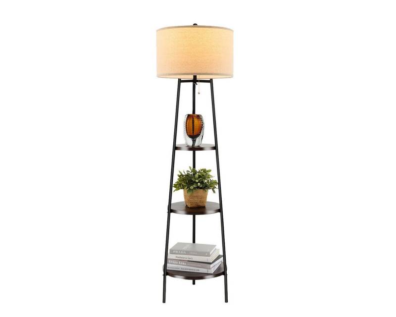 COSTWAY Stehlampe, ohne Leuchtmittel, 153cm, 3 Holzregale, Leinen Lampenschirm von COSTWAY