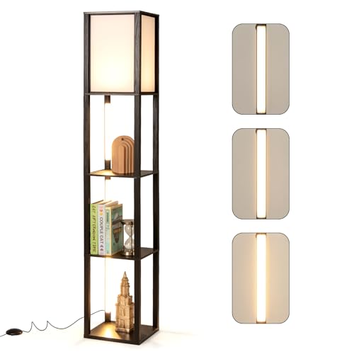 COSTWAY Stehlampe mit Regalen, Holz Regallampe mit 3-stufig einstellbaren LED-Streifen und Fußschalter, Standlampe Display-Regal modern für Wohnzimmer, Schlafzimmer von COSTWAY