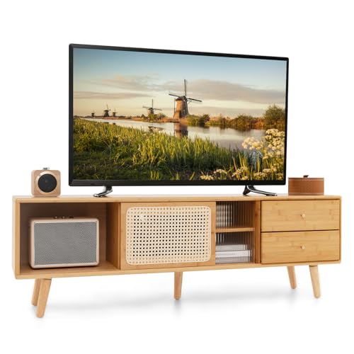 COSTWAY TV Schrank Bambus, TV Lowboard mit Rattan- & Glasschiebetüren, Fernsehtisch mit 2 Schubladen, Fernsehschrank für TVs bis 65 Zoll, für Wohnzimmer, 140 x 31 x 45,5 cm von COSTWAY