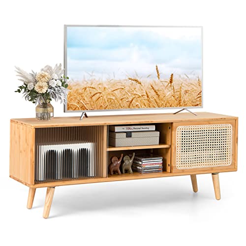 COSTWAY TV Schrank Bambus, TV Lowboard mit Rattan- & Glasschiebetüren, Fernsehtisch mit verstellbarem Einlegeboden, Fernsehschrank für TVs bis 55 Zoll, für Wohnzimmer, 120,5 x 31 x 45,5 cm von COSTWAY