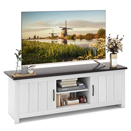 COSTWAY TV Schrank, Lowboard mit 2 Türen und offenen Regalen, TV Ständer für Fernseher bis 65 Zoll, Fernsehtisch, Fernsehschrank für Wohnzimmer, Schlafzimmer, 145 x 40 x 50 cm (Weiß + Braun) von COSTWAY