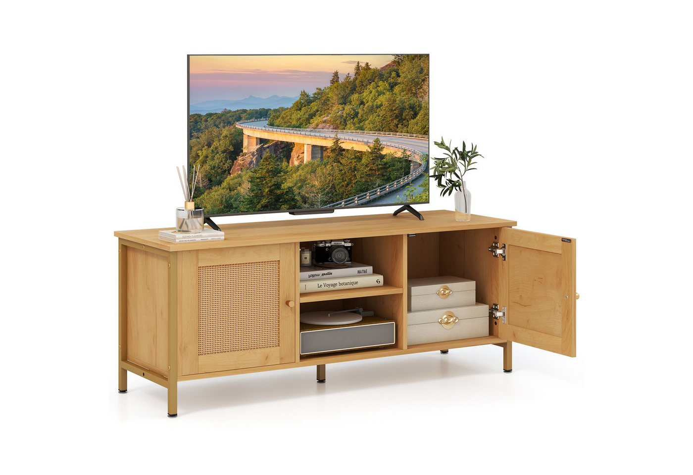 COSTWAY TV-Schrank mit 2 Türen aus Rattan & Fächern, Holz, 120x40x48cm von COSTWAY