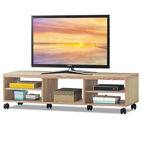 COSTWAY TV Schrank rollbar, Fernsehschrank Holz, 150 x 32 x 40 cm, TV Lowboard mit 5 offenen Fächern, Fernsehtisch mit Rädern für TVs bis zu 60 Zoll (Natur) von COSTWAY