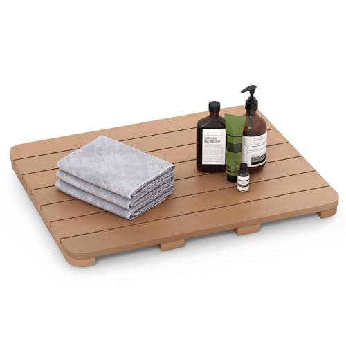 COSTWAY Toilettenmatte aus HIPS, Badematte Holzoptik bis 150kg belastbar, Badvorleger rutschfest, Saunamatte wasserdicht für den Innen- und Außenbereich (braun, 60 x 48 cm) von COSTWAY