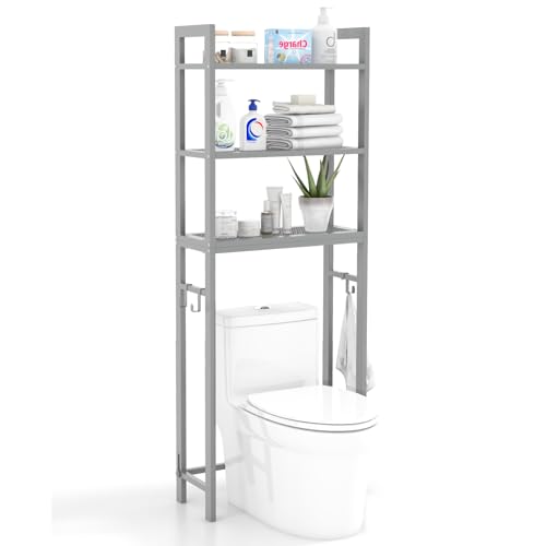 COSTWAY Toilettenregal 170cm, WC Regal mit 3 ablagen, Regal für Waschmaschine Metall, inkl. 3 Haken, mit höhenverstellbarer Querstange (Grau) von COSTWAY