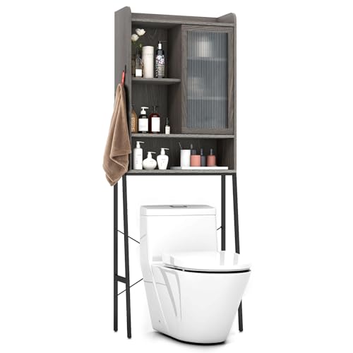 COSTWAY Toilettenschrank freistehend, Badezimmerregal mit verstellbaren Regalen, Waschmaschinenregal Toilettenregal, WC-Schrank Überschrank 63 x 29 x 170 cm (Grau) von COSTWAY