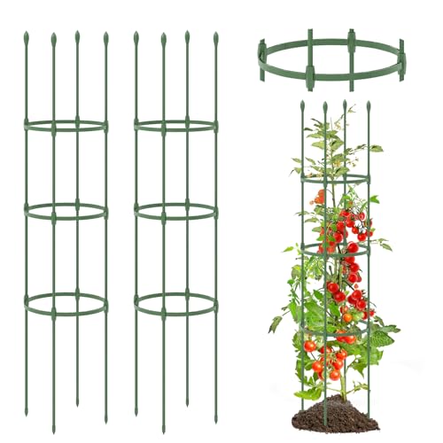 COSTWAY Tomaten Rankhilfe 2er Set, verstellbare Höhe | 3 Ringe, Tomatenkäfig Pflanzenkäfig Garten, Pflanzenstütze für Kletterpflanzen Gurken Blumen, Metall & Kunststoff, Grün (143cm hoch) von COSTWAY