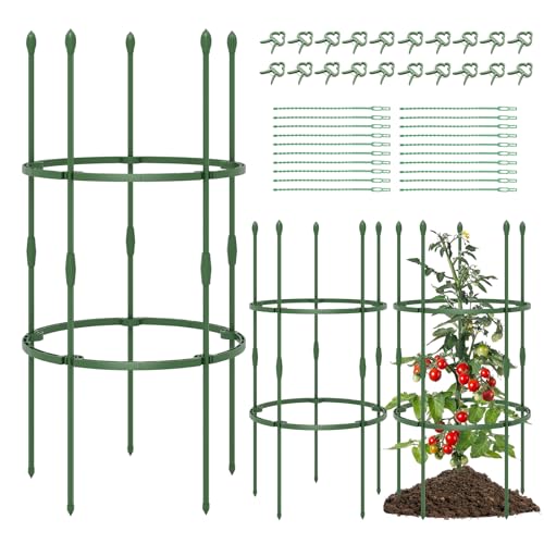 COSTWAY Tomaten Rankhilfe 3er Set, ∅50cm | verstellbare Höhe | 2 Ringe, Tomatenkäfig Pflanzenkäfig Garten, Pflanzenstütze für Kletterpflanzen Gurken Blumen, Metall & Kunststoff, Grün (102cm hoch) von COSTWAY
