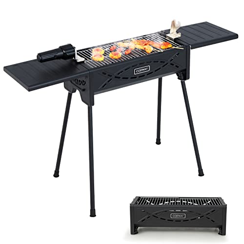 COSTWAY Tragbarer Holzkohlegrill mit elektrischer Bratgabel, leichte Outdoor-Grill, abnehmbaren Beinen, Campinggrill für BBQ, Camping, Picknick, Party, Garten, Grillfläche: ca. 46 x 20 cm von COSTWAY