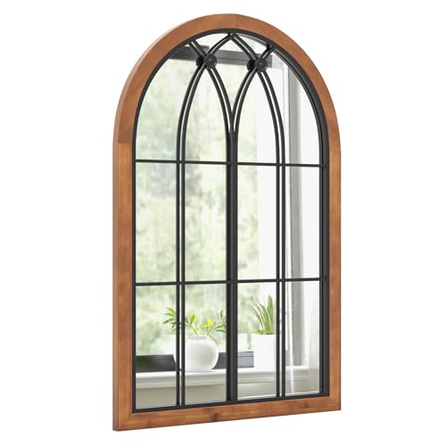 COSTWAY Wandspiegel mit Fensteroptik, Bogen Spiegel Vintage, 60x90cm, Fensterspiegel Dekospiegel Retro, Dekorativer Hängespiegel für Flur, Schlafzimmer, Wohnzimmer, Metallrahmen, Rustikales Braun von COSTWAY