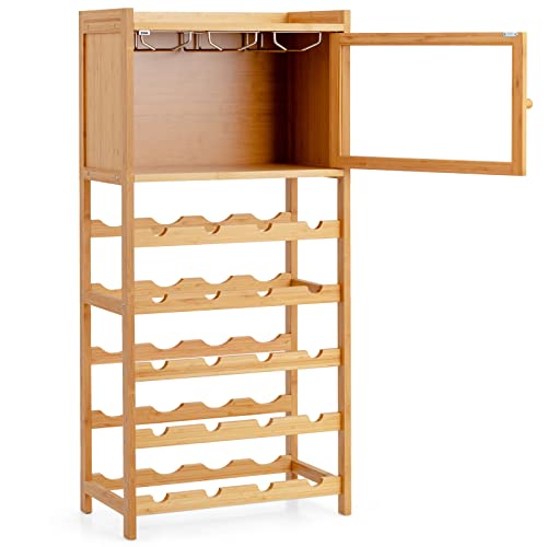 COSTWAY Weinregal für 20 Flaschen, Flaschenregal aus Bambus, Weinschrank mit Glas-Aufhänger & Magnettür…, 47 x 27,5 x 100 cm (L x B x H) von COSTWAY