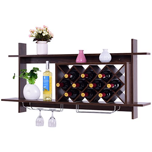 COSTWAY Weinregal mit Weinglashalter Gläserregal Flaschenregal Weinständer Flaschenständer Hängeweinregal Weinflaschenhalter Weingitter Holz (Dunkelbraun) von COSTWAY