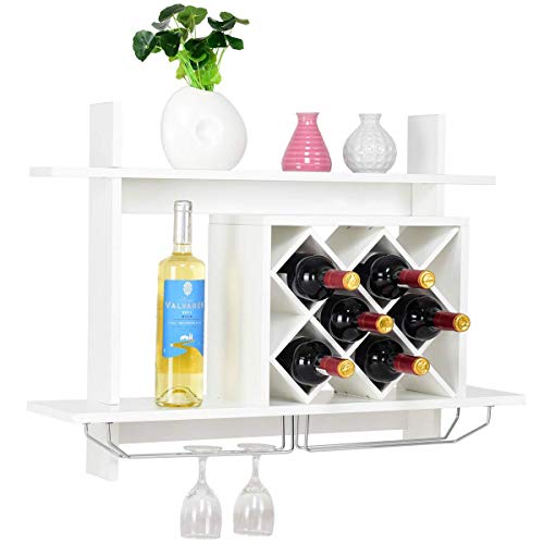 COSTWAY Weinregal zur Wandmontage, Flaschenregal mit Glashalter, Weinhalter Holz hängend, Weinflaschenhalter weiß, Weinregal Wand für Küche, Zuhause von COSTWAY