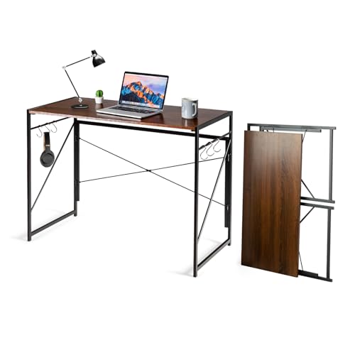 COSTWAY klappbarer Schreibtisch, 100 x 50cm Klapptisch mit 6 Haken & Metallrahmen, platzsparender Computertisch Laptop-Tisch Arbeitstisch industriell für Zuhause Büro, 115 kg Belastbar (Braun) von COSTWAY