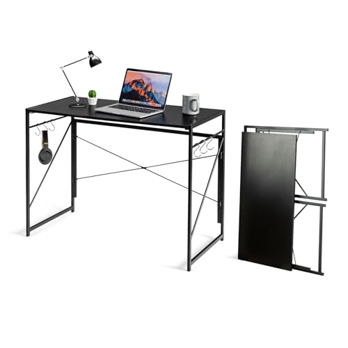 COSTWAY klappbarer Schreibtisch, 100 x 50cm Klapptisch mit 6 Haken & Metallrahmen, platzsparender Computertisch Laptop-Tisch Arbeitstisch industriell für Zuhause Büro, 115 kg Belastbar(Schwarz) von COSTWAY