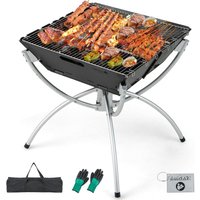 Campinggrill, 3-in-1-Feuerstelle für Brennholz & Holzkohle mit Edelstahlgrillrosten, tragbare Feuerschale mit Tragetasche & Handschuhen zum Grillen, von COSTWAY