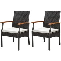 Costway - 2er Rattan Stühle Set, Gartenstuhl Polyrattan mit Rückenlehne & Armlehne aus Holz, Gartensessehl mit Sitzkissen, Rattansessel Gartenstühle von COSTWAY