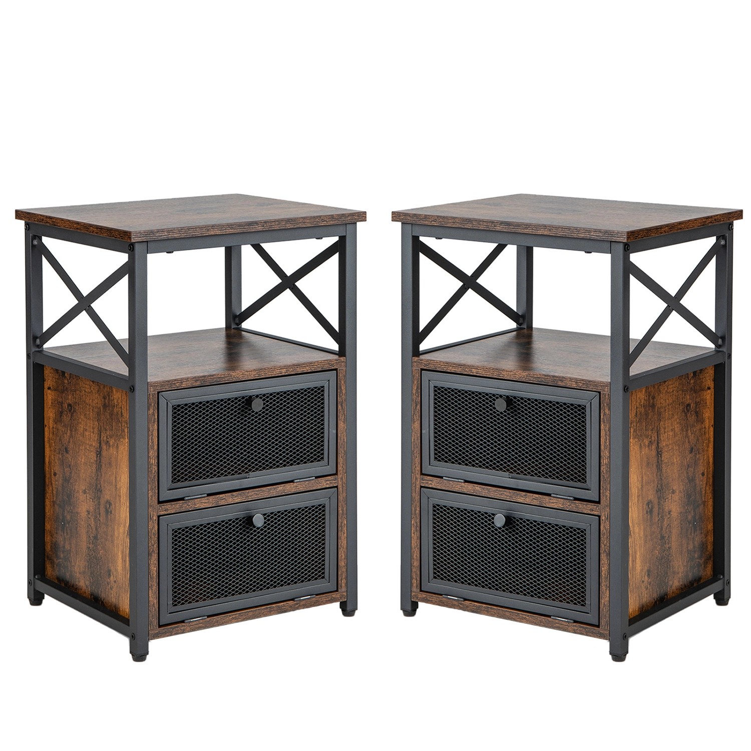 Costway 2er Set Beistelltisch Industrial mit 2 Klappschubladen Schwarz Costway 2er Set Beistelltisch Industrial mit 2 Klappschubladen Schwarz von COSTWAY