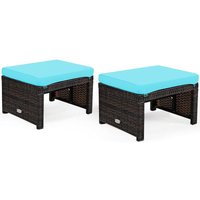 Costway - 2er Set Rattan Ottomanen mit Kissen, Gartentisch, Fußhocker, 40 x 49 x 33 cm, bis 160kg Hellblau von COSTWAY