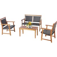 4-teiliges Gartenmöbel Set, Polyrattan Balkonset mit 2 Sessel & Bank & Tisch, Sitzgruppe aus Akazienholz, Rattan Gartenset Balkonmöbel, Rattanmöbel von COSTWAY