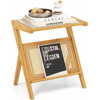 Beistelltisch klein, Bambus-Nachttisch mit Zeitschriftenhalter & gehärteter Glasplatte, Z-förmiger Kaffeetisch, 50×36×56cm - Costway von COSTWAY