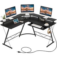 Eckschreibtisch mit Steckdose und USB-Ladeanschluss, L-förmiger Schreibtisch, Computertisch mit Monitorständer, Tastaturablage & Kopfhörerhaken, von COSTWAY