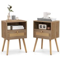 Nachttisch Rattan 2er Set, Nachtschrank mit Schublade & offenem Fach, Beistelltisch mit Massivholzbeinen, Nachtkommode im Boho-Stil, Sofatisch für Nachttisch Rattan 2er Set, Nachtschrank mit Schublade & offenem Fach, Beistelltisch mit Massivholzbeinen, Nachtkommode im Boho-Stil, Sofatisch für von COSTWAY