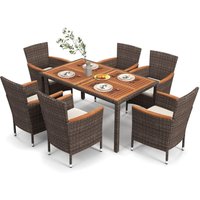 Rattan Sitzgruppe für 6 Personen, Gartenmöbel Polyrattan 7-teilig, Gartentisch mit stapelbaren Stühlen & Akazienholz-Tischplatte, Gartenset von COSTWAY