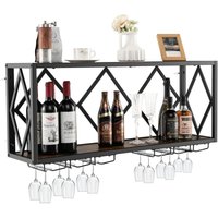 Costway - Weinregal Wand, 2 Ebenen Flaschenregal Holz mit Metallrahmen, mit 6 Reihen Weingläserhalter, Industrial Design, ideal für Zuhause, Bar, von COSTWAY