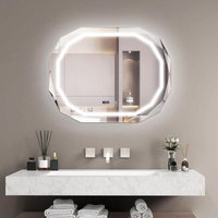 Beleuchteter Badspiegel Antibeschlag, LED-Badezimmerspiegel mit 3-farbigem LED-Licht, Speicherfunktion, Zeit- & Temperaturablesung, Wandspiegel für von COSTWAY