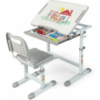 Kinderschreibtisch höhenverstellbar mit Stuhl, mit neigbarer beschreibbare Tischplatte & Schublade,Schülerschreibtisch Grau - Costway von COSTWAY