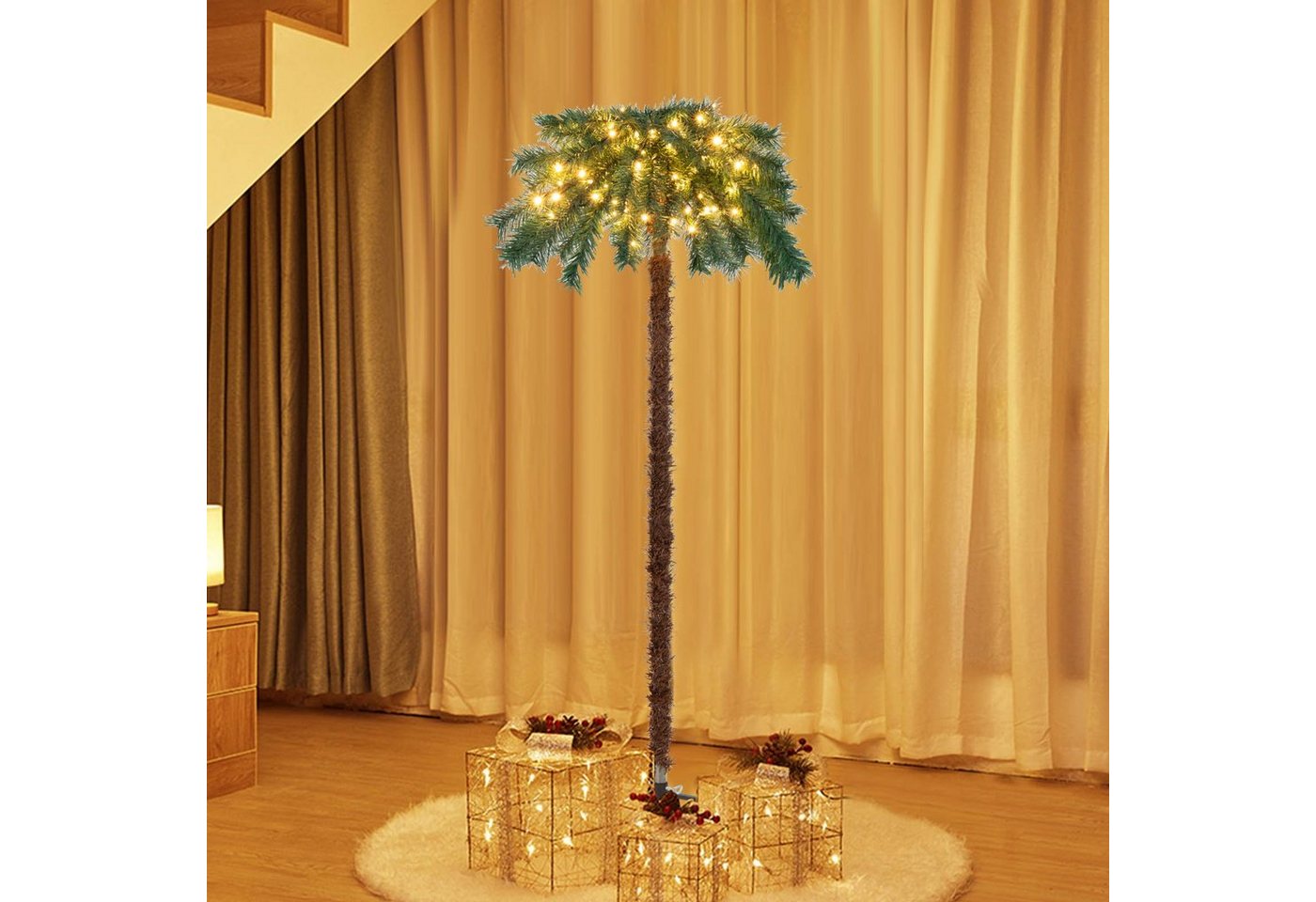 Kunstpalme, COSTWAY, Höhe 150 cm, mit 63 Spitzen, 150 LEDs, Metallständer von COSTWAY