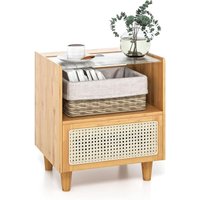 Nachttisch Rattan, Nachtschrank aus Bambus mit Schublade, Beistelltisch mit Glastischplatte und offenem Fach, Sofatisch, Boho-Nachtkonsole für von COSTWAY