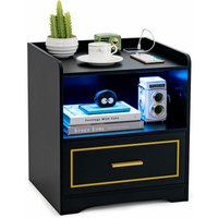 Nachttisch mit led Licht, USB-Anschluss und Typ-C-Ladestation, Nachtschrank mit Bewegungssensor, Beistelltisch mit offenem Fach und Schublade, von COSTWAY