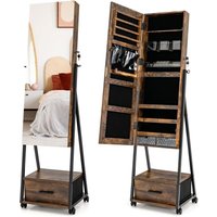 Costway - Schmuckschrank mit Spiegel, Schmuck Spiegelschrank mit Schublade, auf Rollen, abschließbar, freistehend, 42 x 38 x 157 cm (Vintage) von COSTWAY