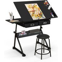 Costway - Schreibtisch höhenverstellbar, Zeichentisch mit 2 Schubladen, Hocker & neigbarer Tischplatte, Schülerschreibtisch Schwarz Costway - Schreibtisch höhenverstellbar, Zeichentisch mit 2 Schubladen, Hocker & neigbarer Tischplatte, Schülerschreibtisch Schwarz von COSTWAY