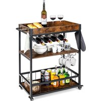 Servierwagen mit abnehmbarem Tablett, Küchenwagen auf Raedern, Küchenregal mit Weinregal & Glashalter, Barwagen Industrie-Design, 67x40x89,5cm, für von COSTWAY